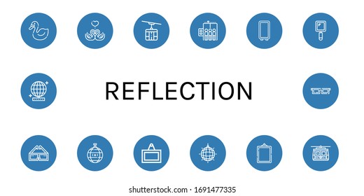 reflection icon set. Collection of Swan, Swans, Cable car, Elevator, Mirror, Hand mirror, d glasses, Disco ball, Sign, Mirror ball icons