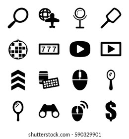 reflection icons set. Set of 16 reflection filled icons such as mirror, 7 number, dollar, globe and plane, binoculars, mouse, play, computer mouse, arrow, disco ball