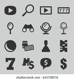 Reflection icons set. set of 16 reflection filled icons such as mirror, 7 number, dollar, binoculars, play, binoculars with dollar sign, pawn, domino, lotto, sphere