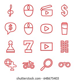 Reflection icons set. set of 16 reflection outline icons such as mirror, drink, 7 number, dollar, globe and plane, treble clef, mouse, play, binoculars, pawn