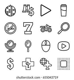 Reflection icons set. set of 16 reflection outline icons such as mirror, drink, 7 number, dollar, globe and plane, pharmacy, play, chip, mouse, no smoking, disco ball