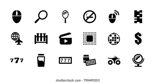 Reflection icons. set of 18 editable filled reflection icons: mirror, 7 number, dollar, disco ball, domino, lotto, no smoking, test tube, mouse, chip, computer mouse, play