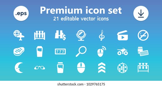 Reflection icons. set of 21 editable filled reflection icons includes mirror, drink, 7 number, disco ball, lotto, no smoking, test tube, globe and plane, treble clef, mouse