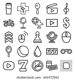 Reflection icons set. set of 25 reflection outline icons such as mirror, drink, 7 number, water drop, dollar, globe and plane, pharmacy, treble clef, mouse, play, chip