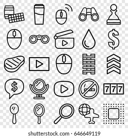 Reflection icons set. set of 25 reflection outline icons such as mirror, drink, 7 number, water drop, dollar, globe and plane, binoculars, mouse, beef, play, chip