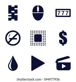 reflection icons set. Set of 9 reflection filled icons such as 7 number, water drop, dollar, play, mouse, chip, domino