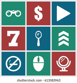 Reflection icons set. set of 9 reflection filled icons such as mirror, 7 number, dollar, play, arrow, binoculars, mouse