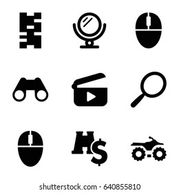 Reflection icons set. set of 9 reflection filled icons such as mirror, binoculars, mouse, play, binoculars with dollar sign, motorcycle