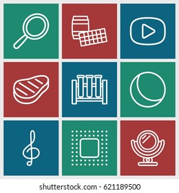Reflection icons set. set of 9 reflection outline icons such as mirror, treble clef, beef, chip, play, sphere, test tube
