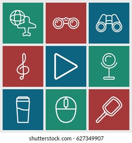 Reflection icons set. set of 9 reflection outline icons such as mirror, drink, globe and plane, binoculars, treble clef, play