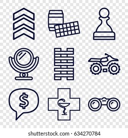 Reflection icons set. set of 9 reflection outline icons such as mirror, pharmacy, arrow, binoculars, pawn, dollar sign in cloud, motorcycle, domino