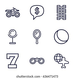 Reflection icons set. set of 9 reflection outline icons such as mirror, 7 number, globe and plane, binoculars, sphere, dollar sign in cloud, motorcycle