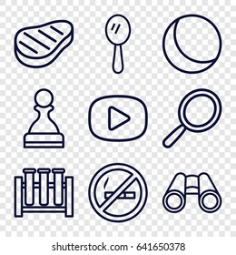 Reflection icons set. set of 9 reflection outline icons such as mirror, binoculars, beef, play, sphere, pawn, test tube