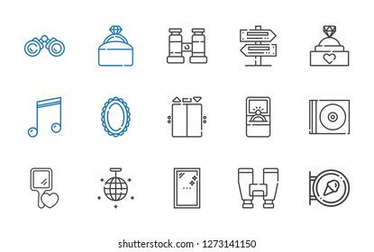 reflection icons set. Collection of reflection with sign, binoculars, mirror, mirror ball, hand mirror, cd, engagement ring, elevator. Editable and scalable reflection icons.