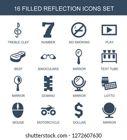 reflection icons. Trendy 16 reflection icons. Contain icons such as treble clef, number, no smoking, play, beef, binoculars, mirror, test tube. reflection icon for web and mobile.