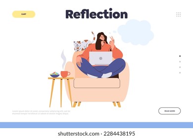 Reflection Landing Page Template für Online-Service. Pensive weibliche Figur auf Sessel mit Laptop-Denken beschäftigt sich mit Selbstwissen, Analyse der eigenen Emotionen und Gefühle Vektorgrafik Vektorgrafik