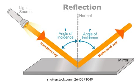 Reflection laws, light diagram. Incident diffused, reflected angle rays. Specular rough mirror surfaces. Vector illustration	