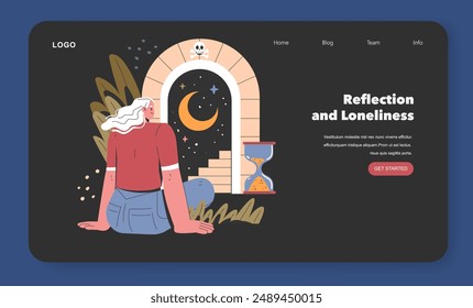 Reflection and loneliness concept. A person sits by a doorway to a starry night, contemplating time with a nearby hourglass. Human pondering existence. Vector illustration.