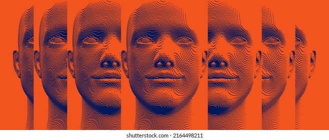 Reflection of man looking away in mirrors. Concept of psychological and mental health issues. Voxel art. 3D vector illustration of multiple cloned humans. Design for presentation, cover or brochure.