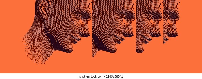 Reflection Of Man Looking Away In Mirrors. Concept Of Psychological And Mental Health Issues. Voxel Art. 3D Vector Illustration Of Multiple Cloned Humans. Design For Presentation, Cover Or Brochure.