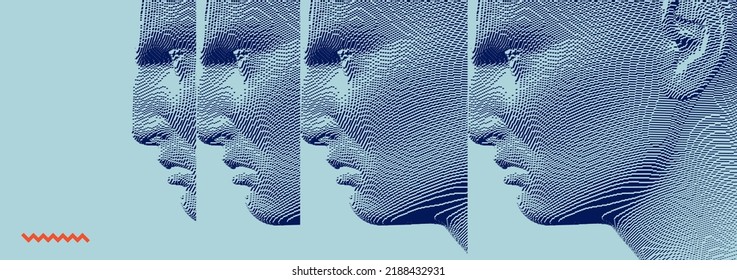 Reflection of man looking away in mirrors. Concept of psychological and mental health issues. Voxel art. 3D vector illustration of multiple cloned humans. Design for presentation, cover or brochure.