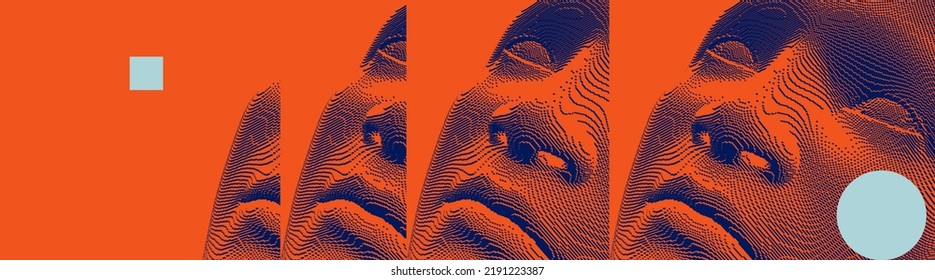 Reflection of man looking away in mirrors. Concept of psychological and mental health issues. Voxel art. 3D vector illustration of multiple cloned humans. Design for presentation, cover or brochure.