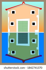 Reflection of Mediterean house in see surface