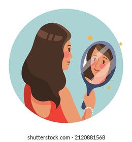 Reflection in mirror concept. High self esteem psychology caricature. Positive happy man look in mirror. Person love himself, selfish narcissist. Ego. Victory, success motivation. Vector illustration.