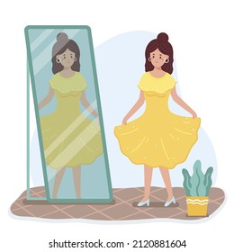 Reflection in mirror concept. High self esteem psychology caricature. Positive happy man look in mirror. Person love himself, selfish narcissist. Ego. Victory, success motivation. Vector illustration.