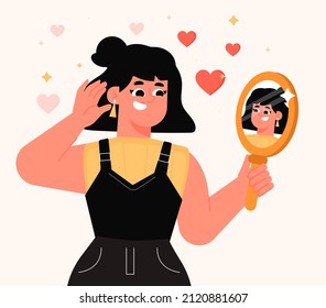 Reflection in mirror concept. High self esteem psychology caricature. Positive happy man look in mirror. Person love himself, selfish narcissist. Ego. Victory, success motivation. Vector illustration.