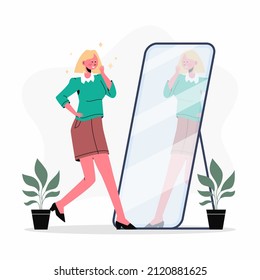Reflection in mirror concept. High self esteem psychology caricature. Positive happy man look in mirror. Person love himself, selfish narcissist. Ego. Victory, success motivation. Vector illustration.