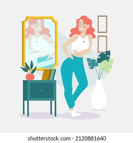 Reflection in mirror concept. High self esteem psychology caricature. Positive happy man look in mirror. Person love himself, selfish narcissist. Ego. Victory, success motivation. Vector illustration.