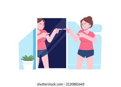 Reflection in mirror concept. High self esteem psychology caricature. Positive happy man look in mirror. Person love himself, selfish narcissist. Ego. Victory, success motivation. Vector illustration.