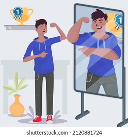 Reflection In Mirror Concept. High Self Esteem Psychology Caricature. Positive Happy Man Look In Mirror. Person Love Himself, Selfish Narcissist. Ego. Victory, Success Motivation. Vector Illustration.