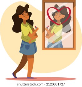 Reflection in mirror concept. High self esteem psychology caricature. Positive happy man look in mirror. Person love himself, selfish narcissist. Ego. Victory, success motivation. Vector illustration.