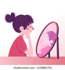 Reflection in mirror concept. High self esteem psychology caricature. Positive happy man look in mirror. Person love himself, selfish narcissist. Ego. Victory, success motivation. Vector illustration.