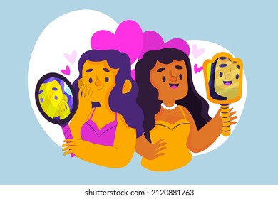 Reflection in mirror concept. High self esteem psychology caricature. Positive happy man look in mirror. Person love himself, selfish narcissist. Ego. Victory, success motivation. Vector illustration.