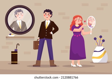Reflection in mirror concept. High self esteem psychology caricature. Positive happy man look in mirror. Person love himself, selfish narcissist. Ego. Victory, success motivation. Vector illustration.