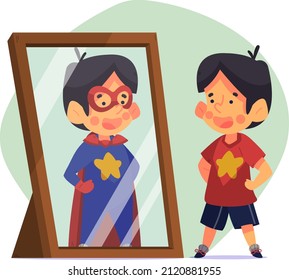 Reflection in mirror concept. High self esteem psychology caricature. Positive happy man look in mirror. Person love himself, selfish narcissist. Ego. Victory, success motivation. Vector illustration.