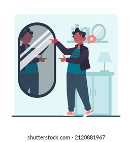 Reflection in mirror concept. High self esteem psychology caricature. Positive happy man look in mirror. Person love himself, selfish narcissist. Ego. Victory, success motivation. Vector illustration.