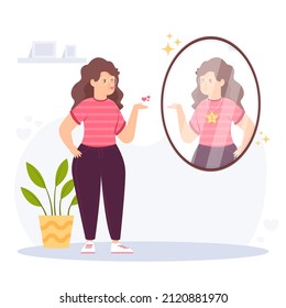 Reflection in mirror concept. High self esteem psychology caricature. Positive happy man look in mirror. Person love himself, selfish narcissist. Ego. Victory, success motivation. Vector illustration.