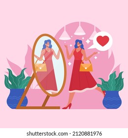 Reflection in mirror concept. High self esteem psychology caricature. Positive happy man look in mirror. Person love himself, selfish narcissist. Ego. Victory, success motivation. Vector illustration.