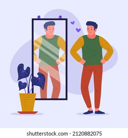 Reflection in mirror concept. High self esteem psychology caricature. Positive happy man look in mirror. Person love himself, selfish narcissist. Ego. Victory, success motivation. Vector illustration.