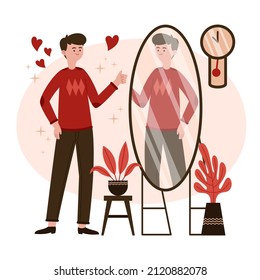Reflection in mirror concept. High self esteem psychology caricature. Positive happy man look in mirror. Person love himself, selfish narcissist. Ego. Victory, success motivation. Vector illustration.