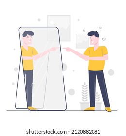 Reflection in mirror concept. High self esteem psychology caricature. Positive happy man look in mirror. Person love himself, selfish narcissist. Ego. Victory, success motivation. Vector illustration.