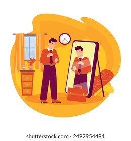 Reflection in mirror concept. High self esteem psychology caricature. Positive happy man look in mirror. Person love himself, selfish narcissist. Ego