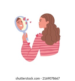 Reflection in the mirror expresses love. Woman holds a mirror and looks into her reflection. Concept of self-help, reflection. Positive perception. Vector illustration on a white isolated background.