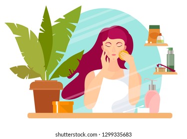 Reflection in the mirror of the girl performing the morning face care, removes makeup sponge. Сharacter vector illustration