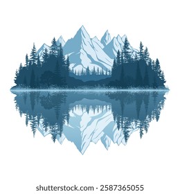 Reflection of the mountains and forest in the lake, isolated on white background, vector drawing