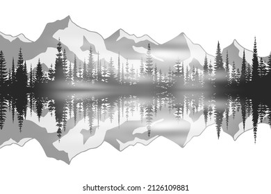 Reflection of mountains and forests in the lake. Northern nature view, black and white landscape. 